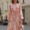 Women's High Neck Long Sleeve Floral Print Midi Dress High Waist Belted Elegant Casual Dress