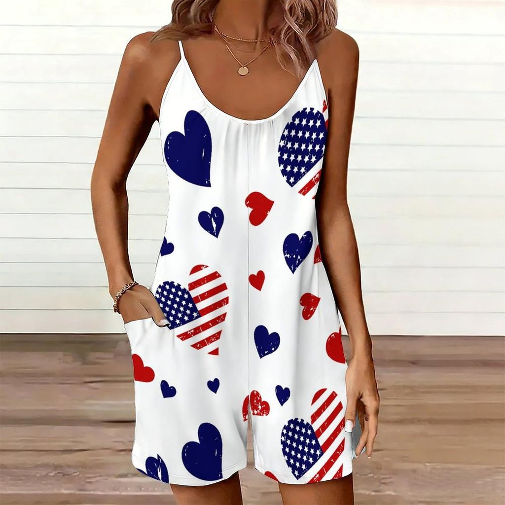 Womens Sleeveless Spaghetti Strap Romper Star Flag Print Pocket Short Jumpsuit