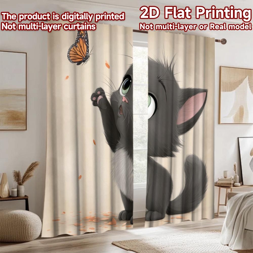 2D flat printing 2pcs Window Curtains Cute black kitten butterfly Digital Printed Polyester Drapes Party Decorations Perfect for