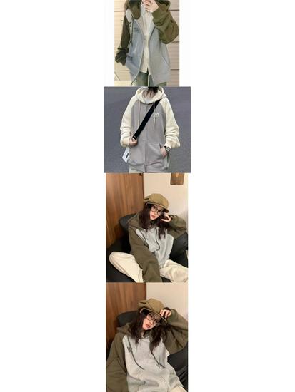 Women's Oversized Retro Color Block Patchwork Hooded Sweatshirt Jacket for Autumn