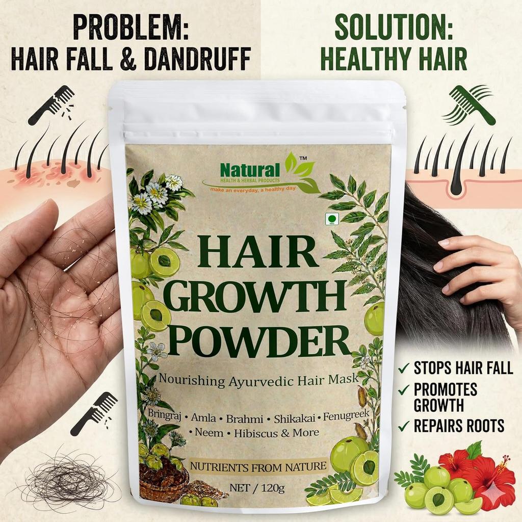 Ayurvedic Hair Growth Powder with Bhringraj, Amla and Neem to Control Hair Loss for Men and Women for All Hair Types 120g