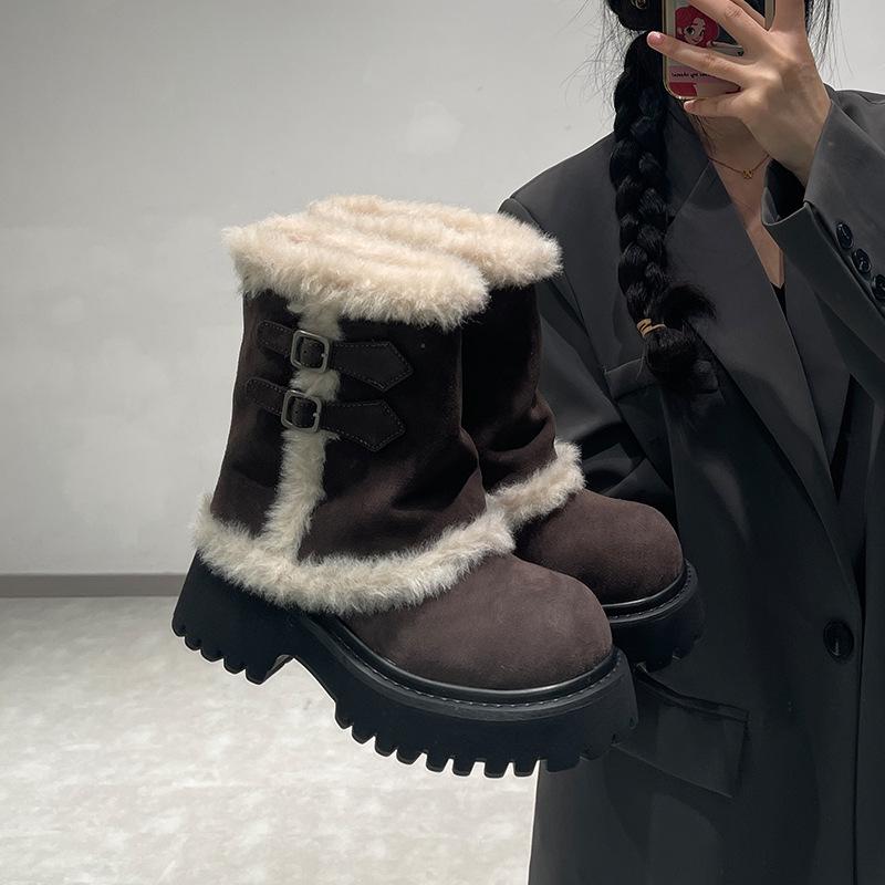 Niche thick heel thick sole heightening snow boots women's 2025 autumn and winter new velvet thickened warm big head Northeast cotton boots
