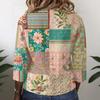 Women Vintage Floral Print Patchwork Henley Button Collar Three Quarter Sleeve Cotton Linen Shirt Casual Loose Fit Top