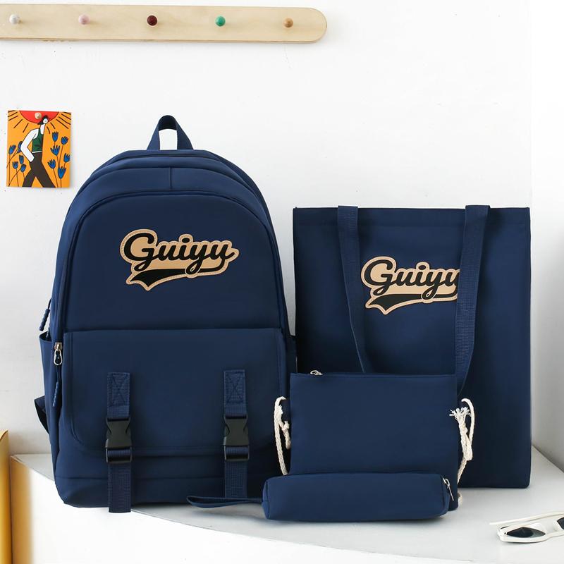 Four-Piece Backpack Set Letter Backpack Senior High School Student Schoolbag Unisex Large Capacity Lightweight Backpack