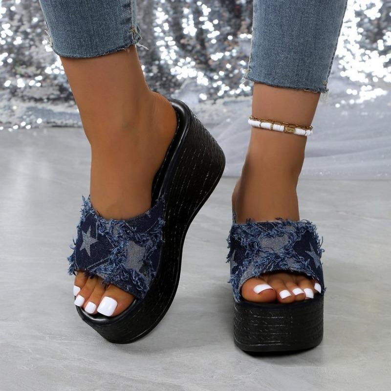 Women's Slope-heeled Slippers, Women's Denim Thick-soled Slope-heeled Slippers