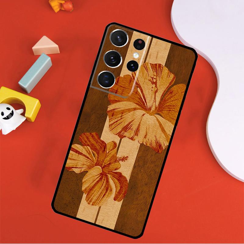 Hawaiian Faux Wood Surfboard Phone Case For Samsung Galaxy S25 Ultra S24 Ultra S9 S10 S20 S21 S22 S23 Plus S24 FE Cover
