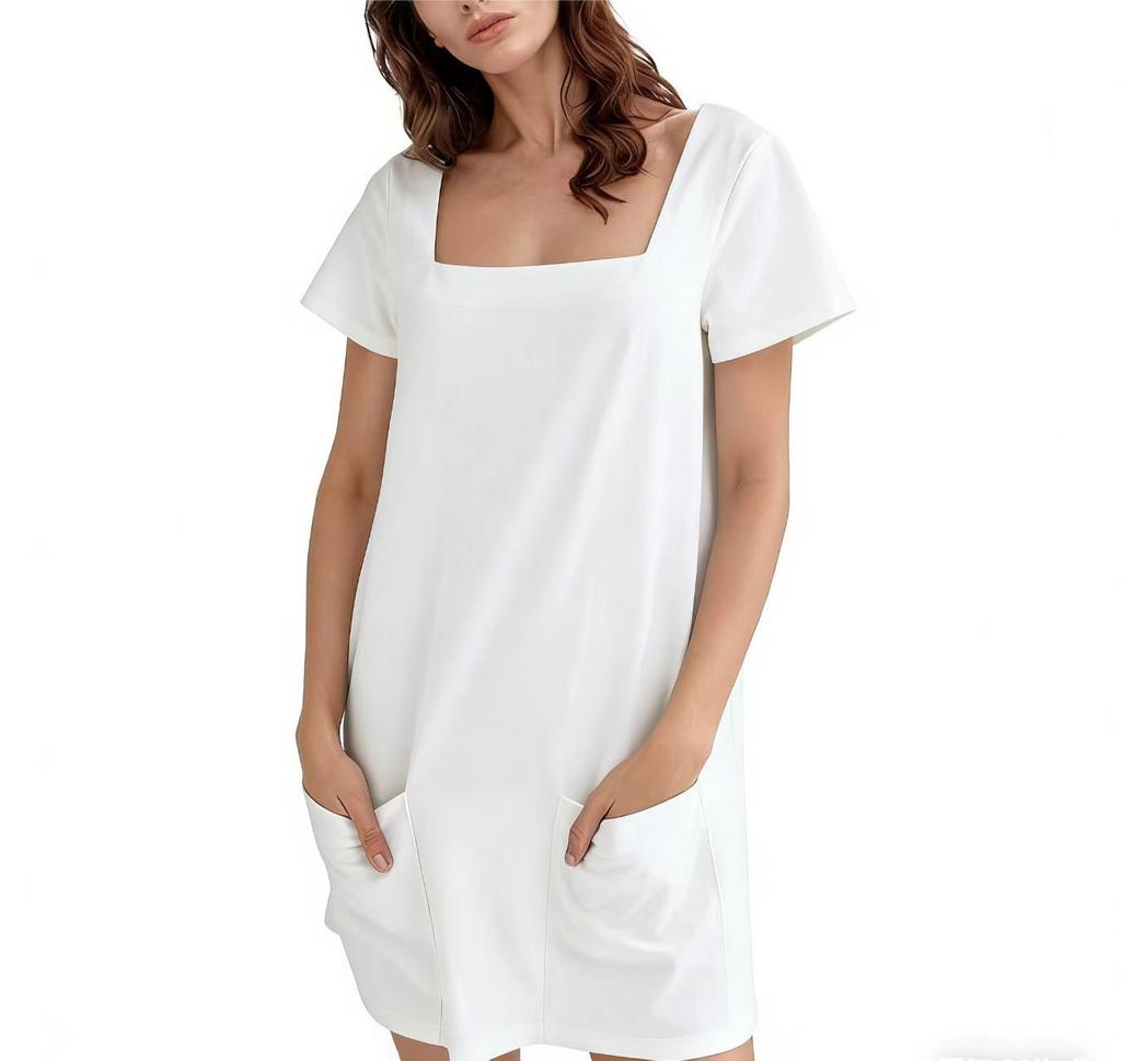 European and American women's clothing square neck short-sleeved fashion short skirt pocket casual dress