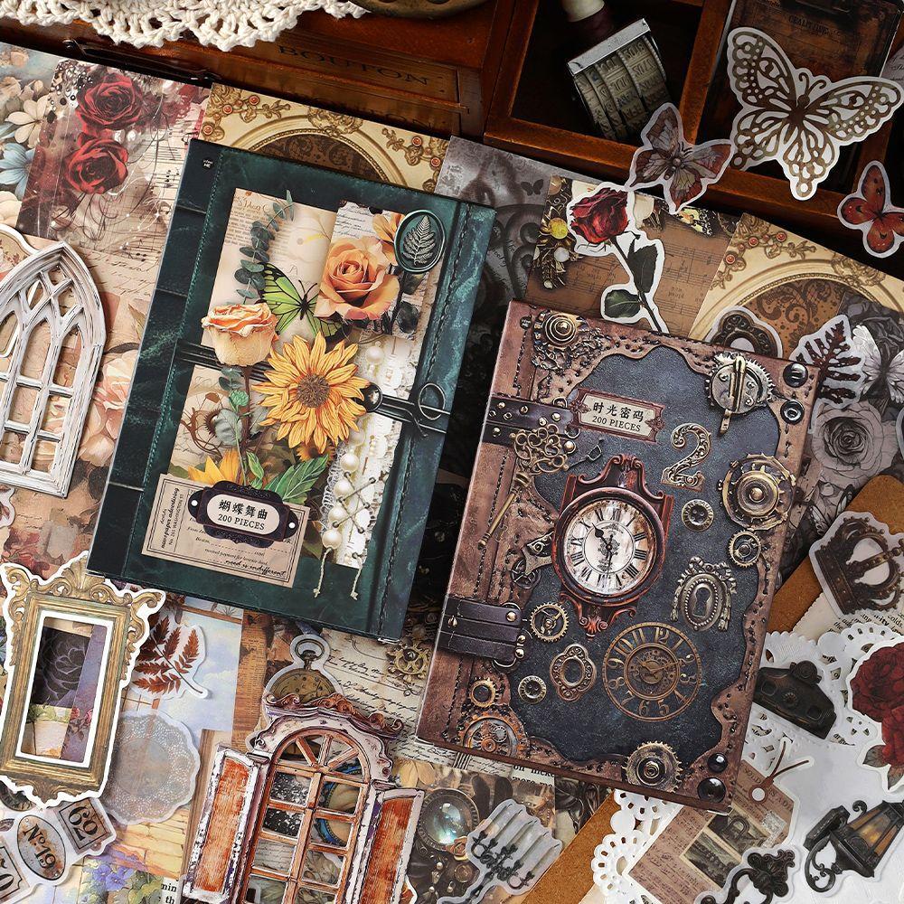 200 pcs Vintage material paper+Stickers Hybrid set Vintage Creativity Scrapbooking Collage material Craft Supplies