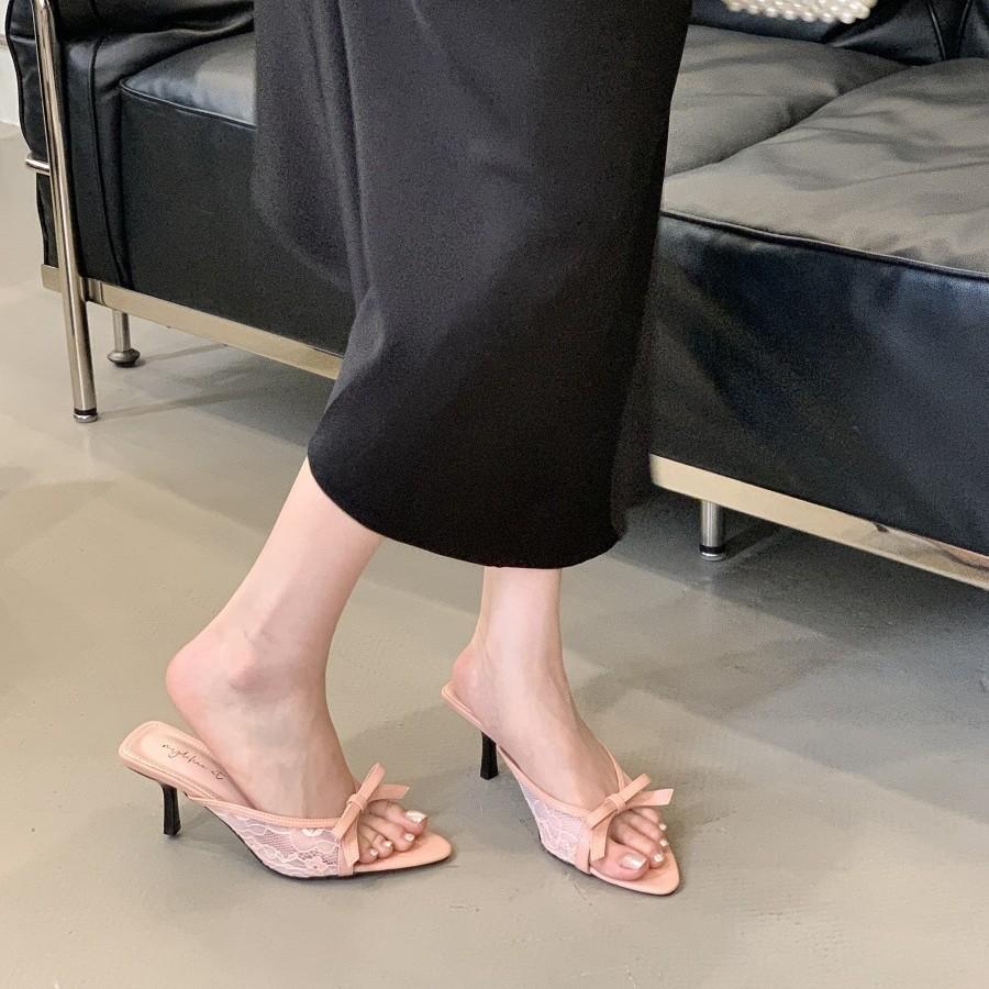 Gentle fairy cool slippers 2025 summer French temperament elegant mesh bow pointed stiletto high heels