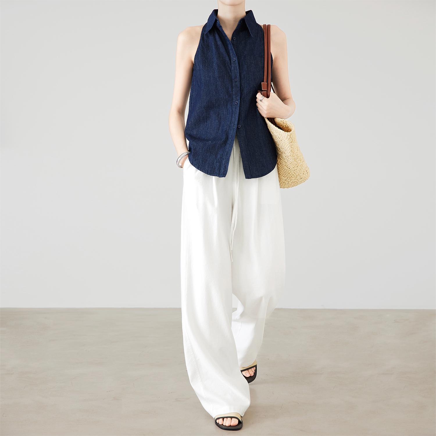 2026 Summer Women s Wide-Leg Blue Denim Linen Pants with Elastic Waist S белый