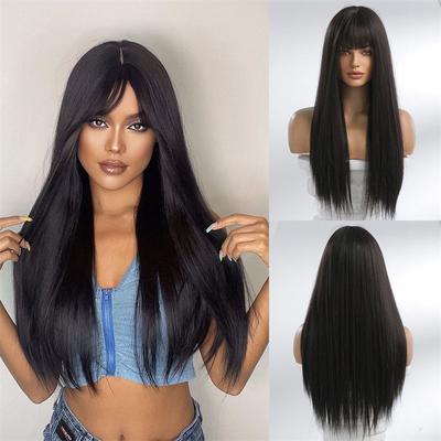 Female Black Long Natural Daily Straight Bangs Straight Hair Headgear Wig Chemical Fiber