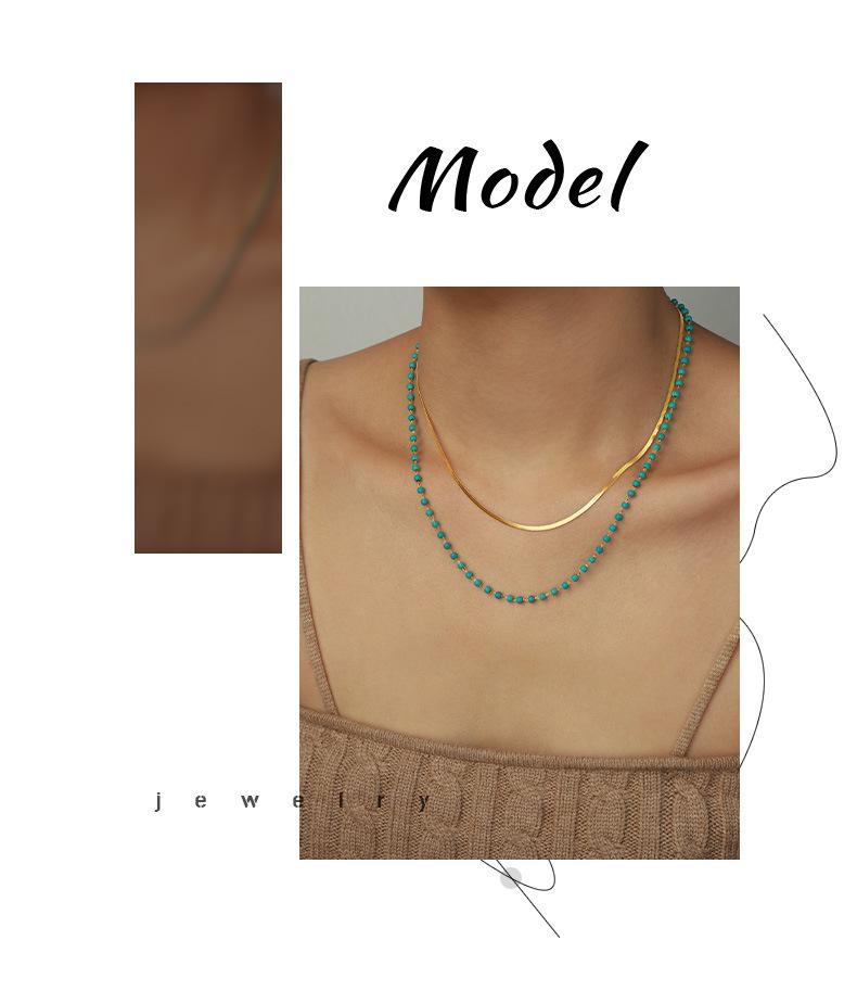 European & American Titanium Steel Geometric Turquoise Double-Layer Clavicle Chain Necklace for Women - Fashionable & Versatile Design