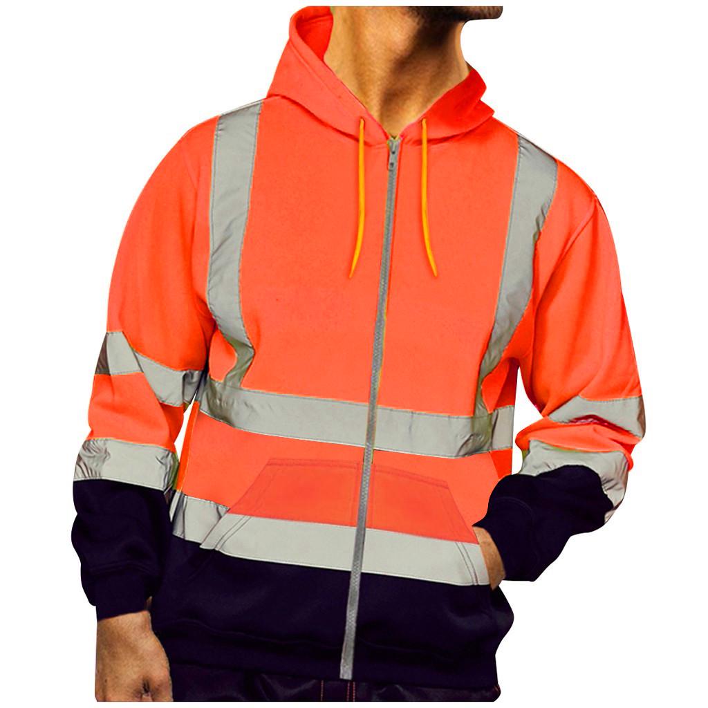 Mens Road Work High VisibilityPullover Long Sleeve Hooded Sweatshirt Tops Blouse