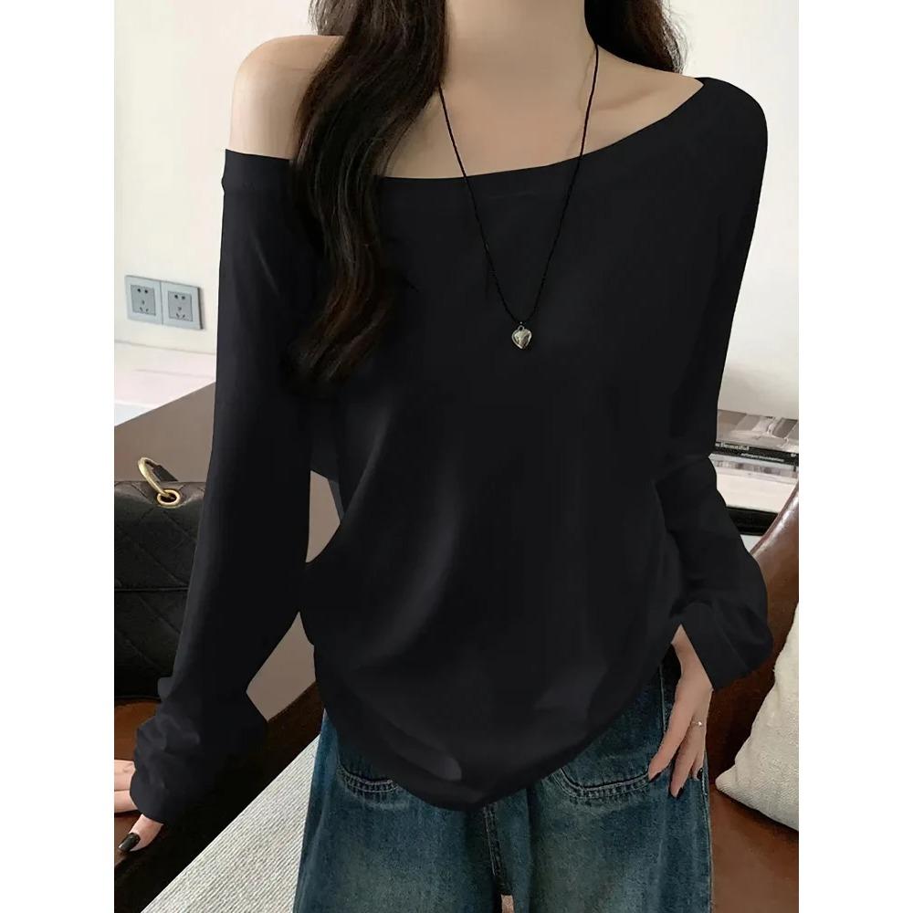 Oversize Off shoulder Long sleeve T shirt Women Solid color Casual Tops Lady Spring Autumn Basic Tees Korean style Youth Blouses