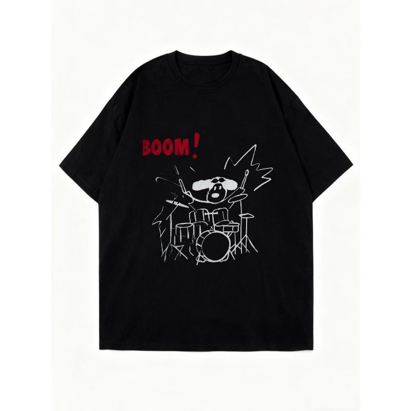 Oversized T-Shirt Black Drummer Cartoon Print BOOM Text Graphic Tee Casual Streetwear for Women and Men