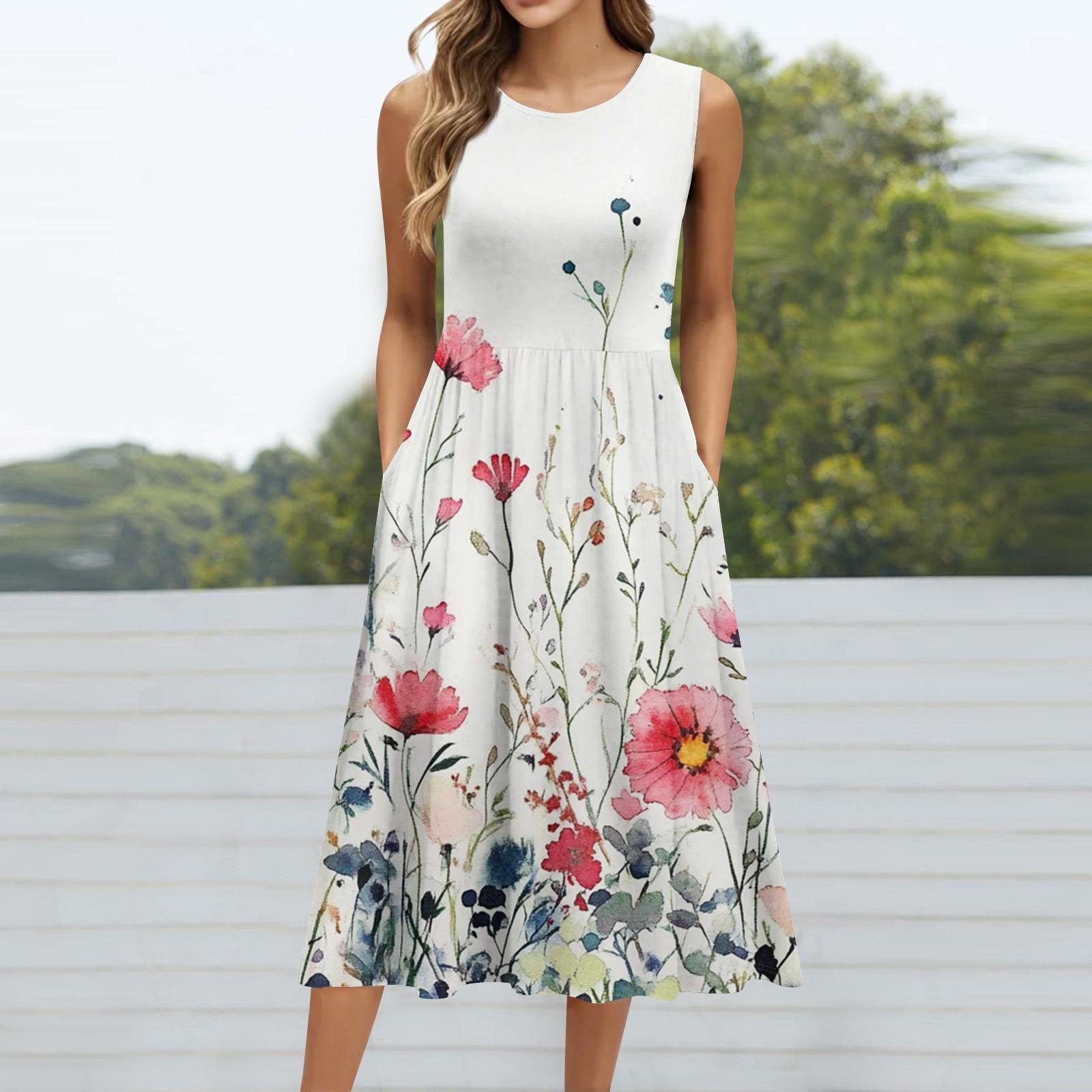 

Женское модное платье средней длины с круглым вырезом и принтом без рукавов XL белый