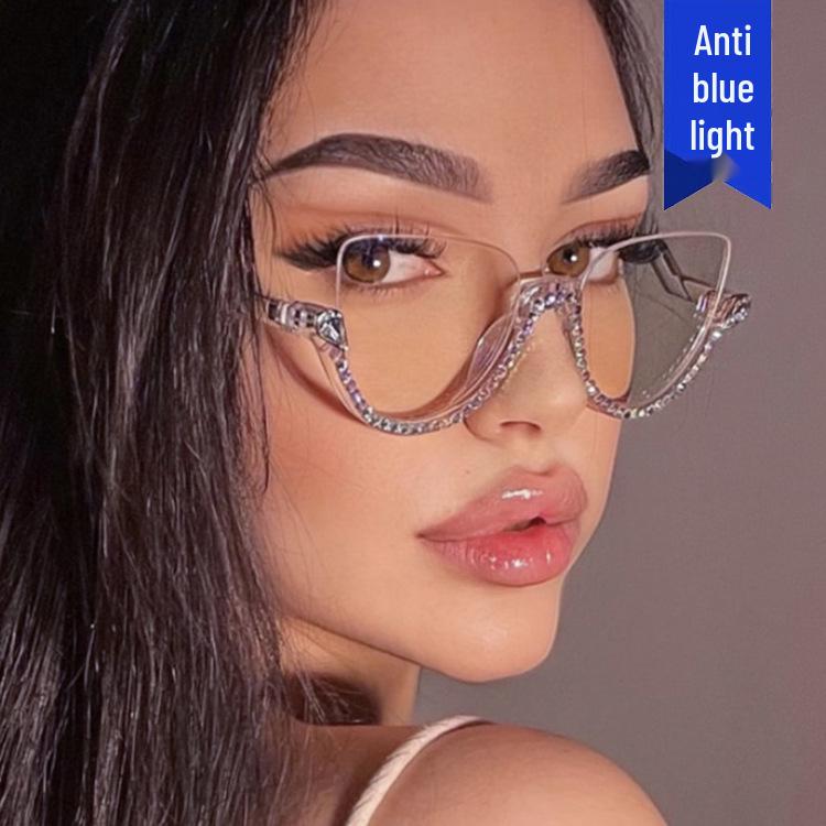 2022 Retro Rhinestone Semi-Rimless Anti-Blue Light Glasses - European & American Style Trend