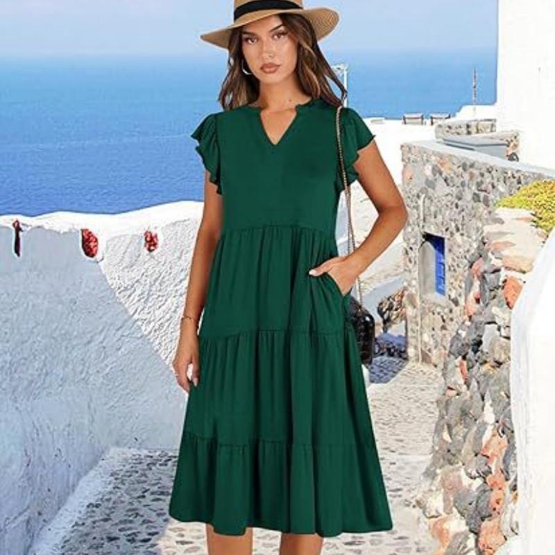 Women's V-neck, Ruffled Sleeve, Mid-length, Patchwork, Wide Skirt, Pocket Dress