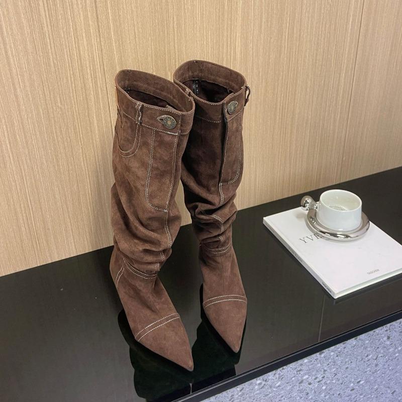 Fashion New Style Car Stitching Pleated Lazy High Cylinder Stack Boots Women's Autumn and Winter Brown Black Slim Heel Knee High Boots
