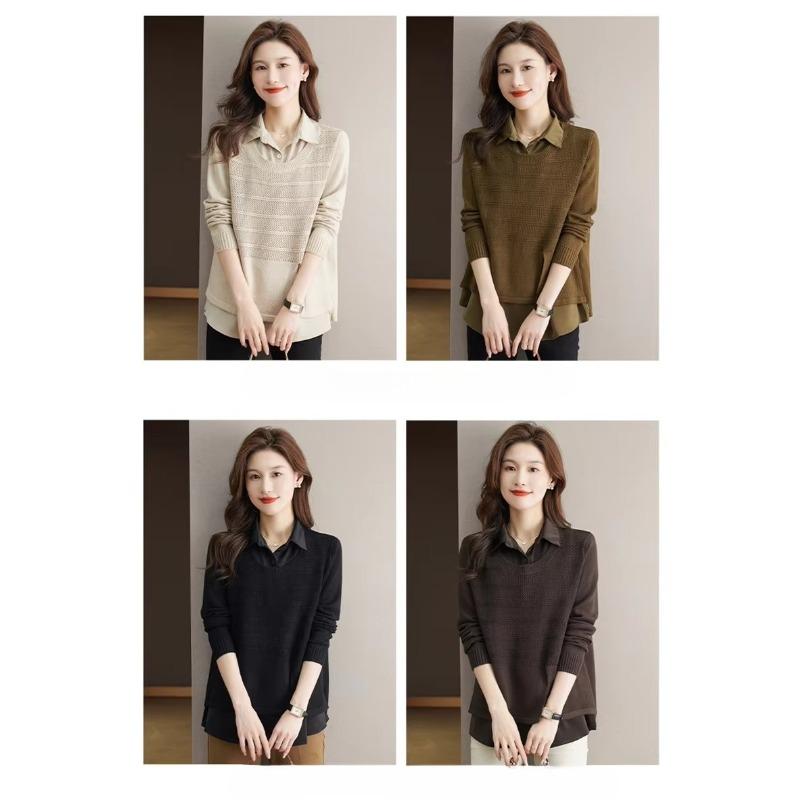 Korean Fake Two-piece Shirt Knitted Women's Spring Autumn Fashion Loose Sweater Bottoming Shirt Knitwear