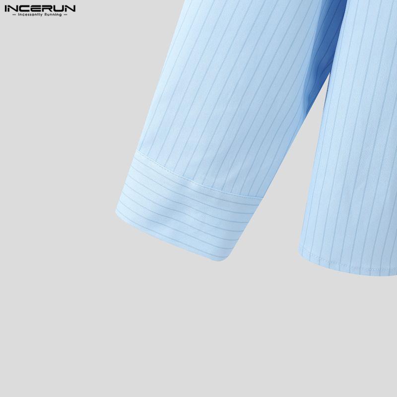 INCERUN Oversized Men Lapel Neck Tie Up Long Sleeve Buttons Embroidery Casual Striped Shirts