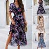 Boho Floral Print Maxi Dress for Women Summer Beach Sundress with Deep V Neck Ruffled Short Sleeves Chiffon Long Casual Dress