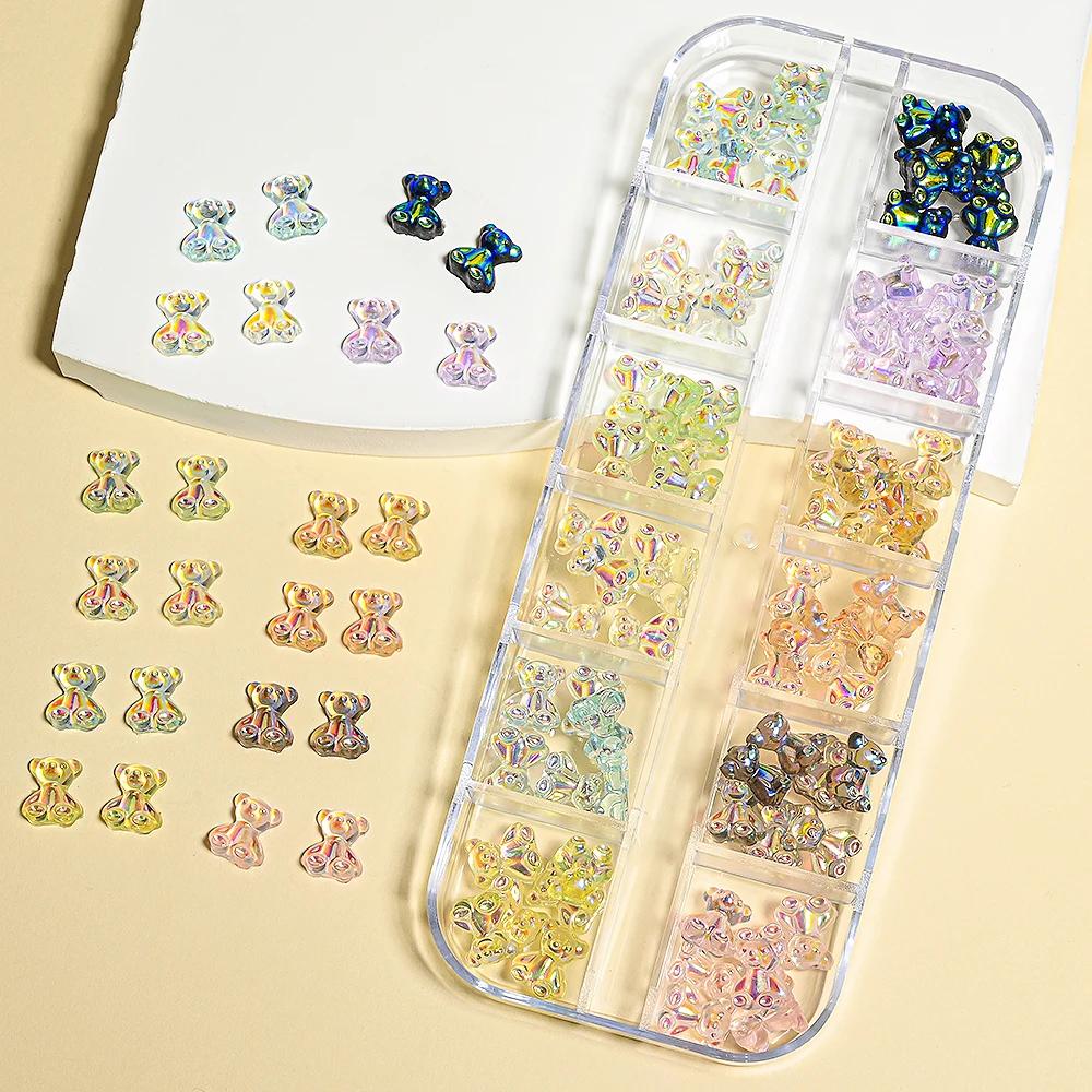 12Grids/Box Mixed Resin Bowknot Nail Charms 3D Colorful Bow Kawaii Rhinestone Nail Art Decorations DIY Manicure Parts Pen Tweeze