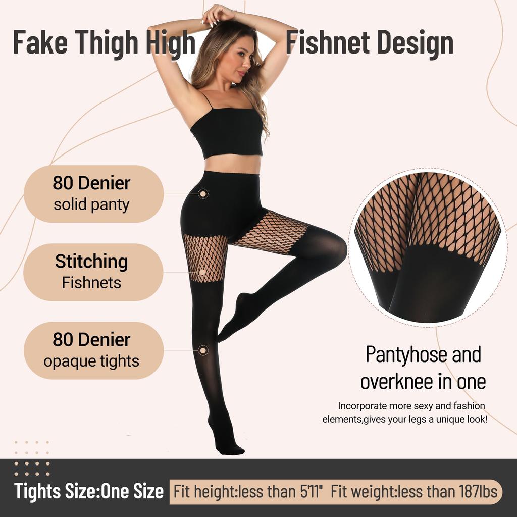 Kave Sexy Womens Faux Thigh High Fishnet Stockings Stitching Opaque Pantyhose Mock Over The Knee Goth Striped Suspender Tights