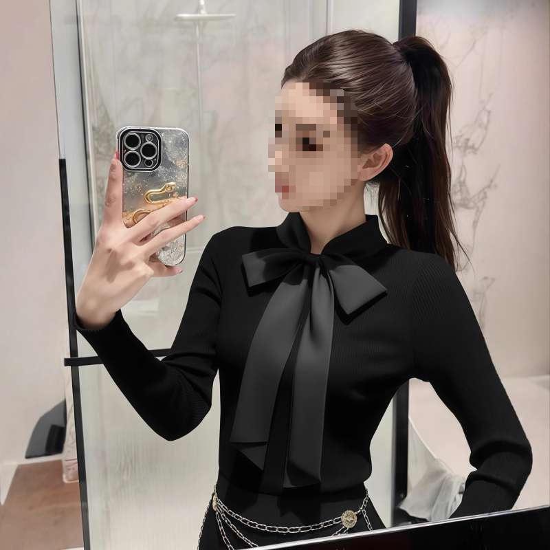 

Korean Style Black Bow Stand Collar Slim Fit Long Sleeve Top for Women - Autumn/Winter Wear 2XL чорний