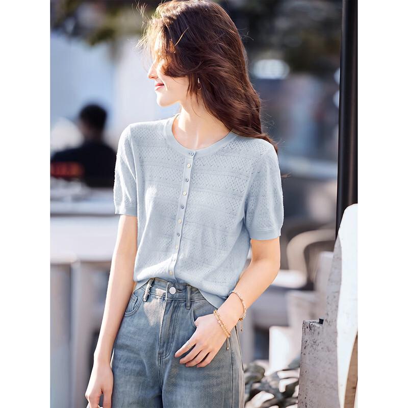 Lyocell Blend Short Sleeve Knit Cardigan One Size синий