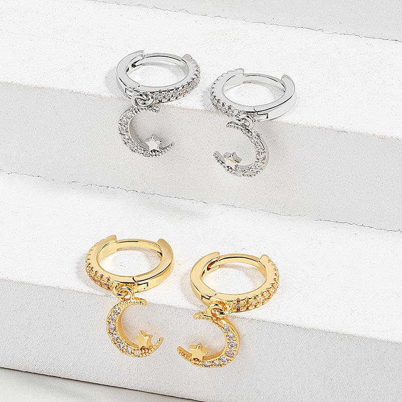 S925 Silver Gold Star Moon Earrings Cubic Zirconia Huggie Hoops Fashionable Personalized Jewelry For Women