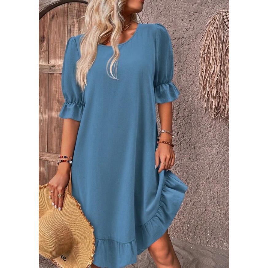 Women's Vintage Cotton Linen Medium Sleeve Round Neck Solid Colour Loose Swing Dress Women