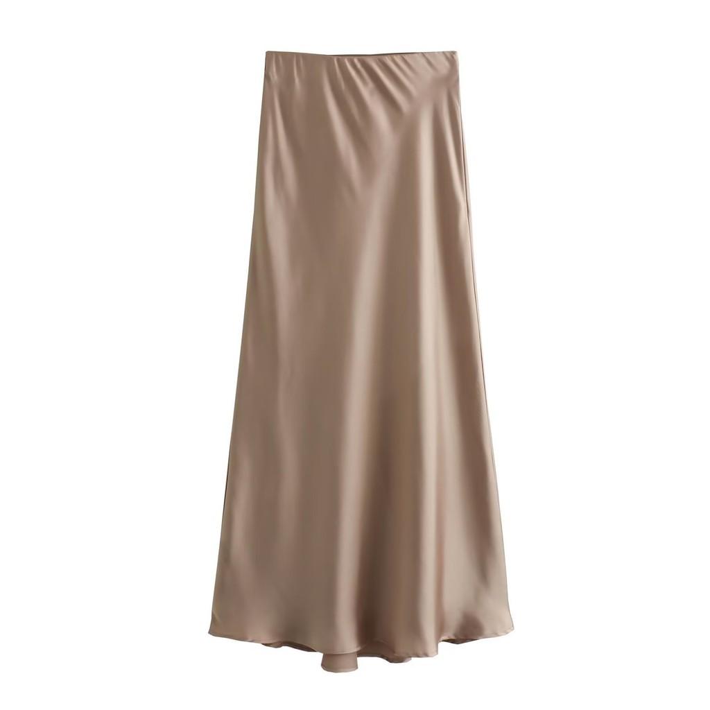 Qooth Women Elegant Satin Black Skirt High Waist Slim Skirt for Spring Summer QT2319