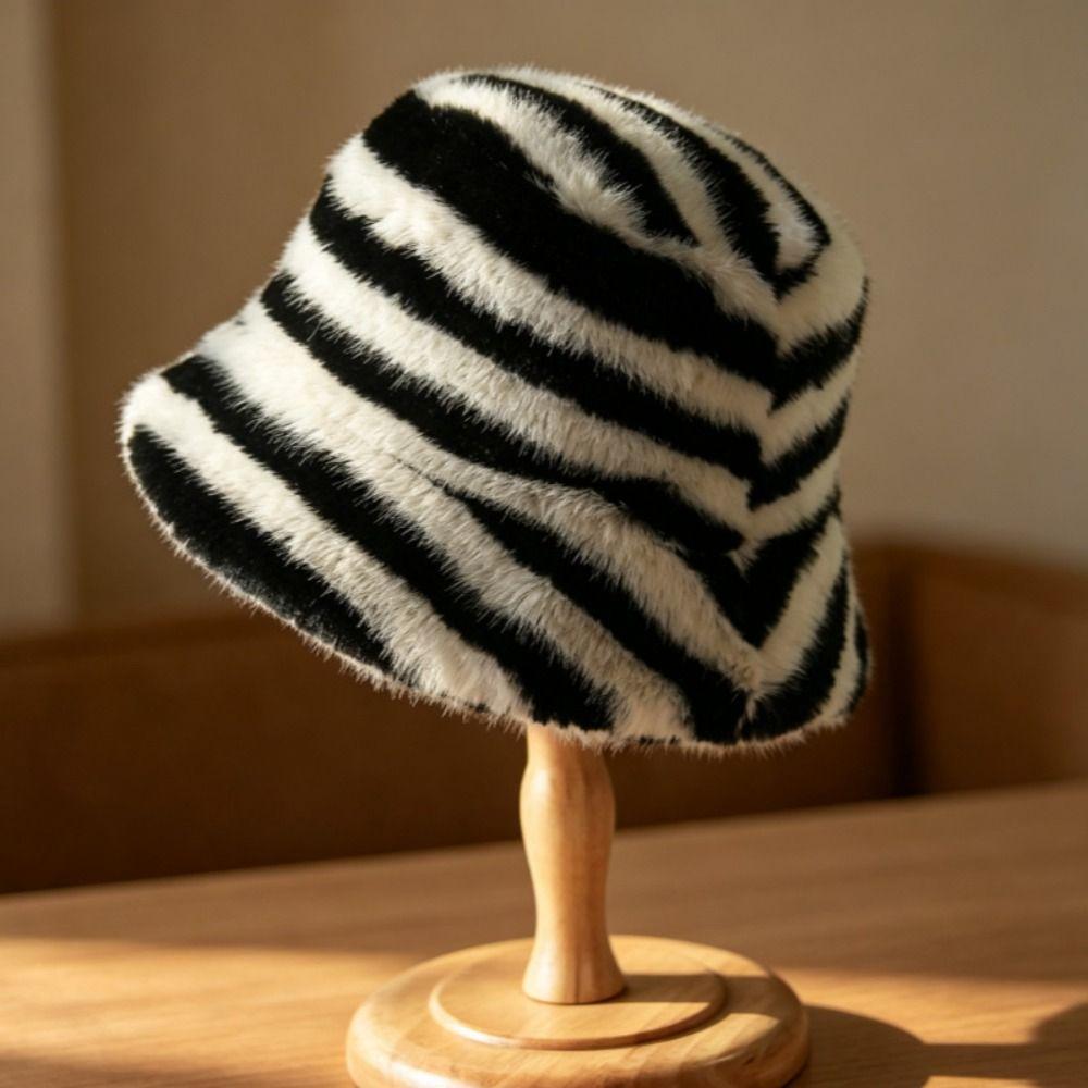 Fluffy Striped Fisherman Hat Faux Fur Basin Hat New Bonnet Cap