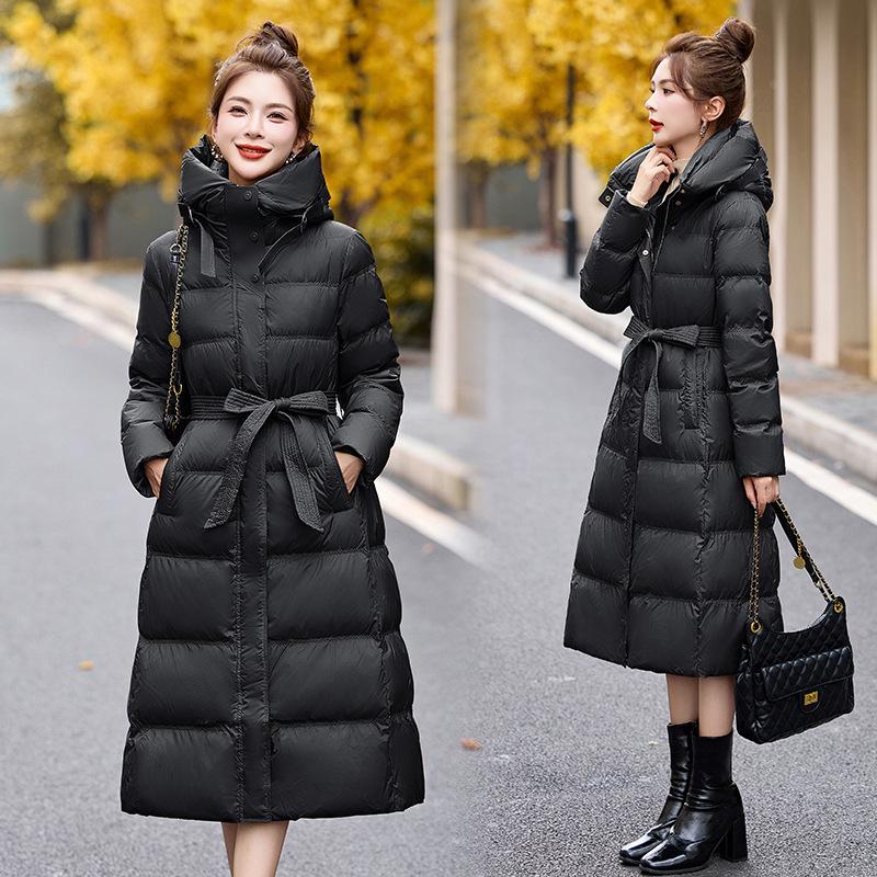 

Женский очень длинный пуховик с капюшоном и поясом - Зимняя мода Тепло XL (120-130 jin)