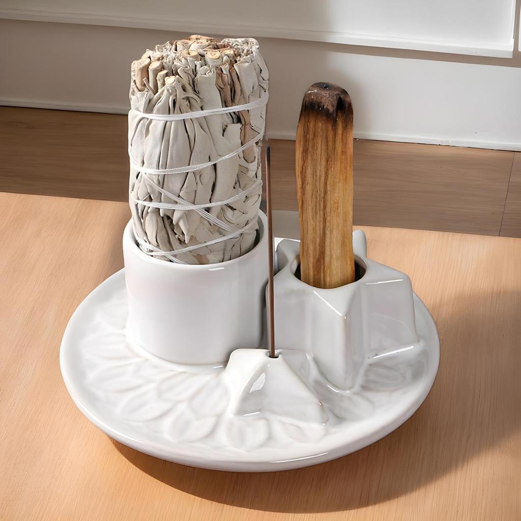 Ceramic Palo Santo Sticks Holder 4 in 1 Incense Burner Sage Holder Incense Holder Ash Catcher Tray for Meditation Yoga Room