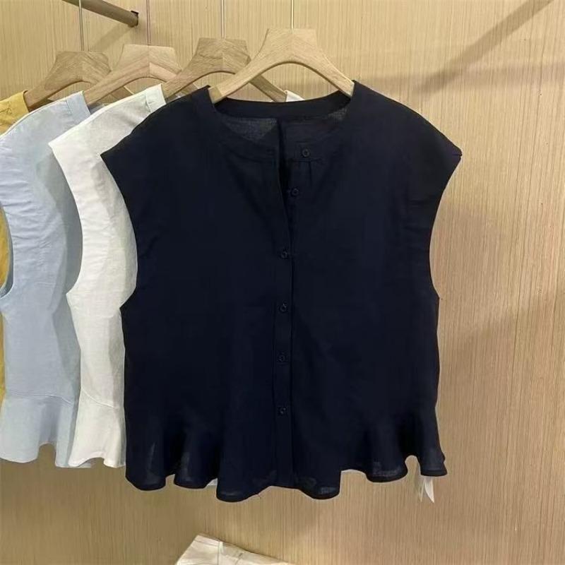 Yellow Stand Collar Sleeveless Ruffle Hem Linen Blouse for Women Casual Wear