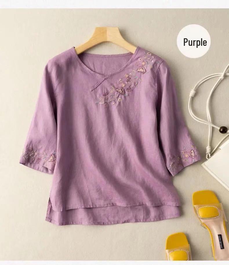 Women's Cotton Linen Embroidered Retro Shirt, Seven-Sleeve with Frog Button, Loose Plus Size Summer Top