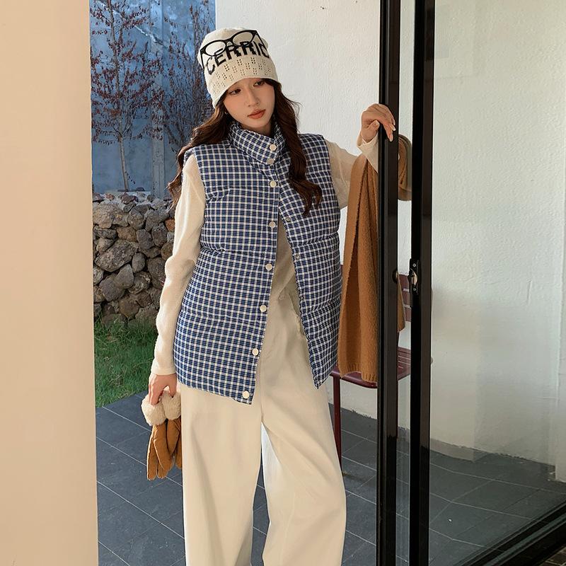 Stand-up collar plaid sleeveless cotton jacket vest jacket women's summer new stacked wear casual loose hidden buckle vest tide