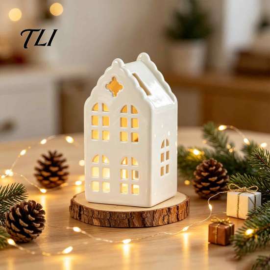 Desktop Artistic Ornament Ceramic House Shape Candle Holder, White Hollow Tea Light Holder Indoor Tabletop Holiday Decor Ornament, Miniature Figurine