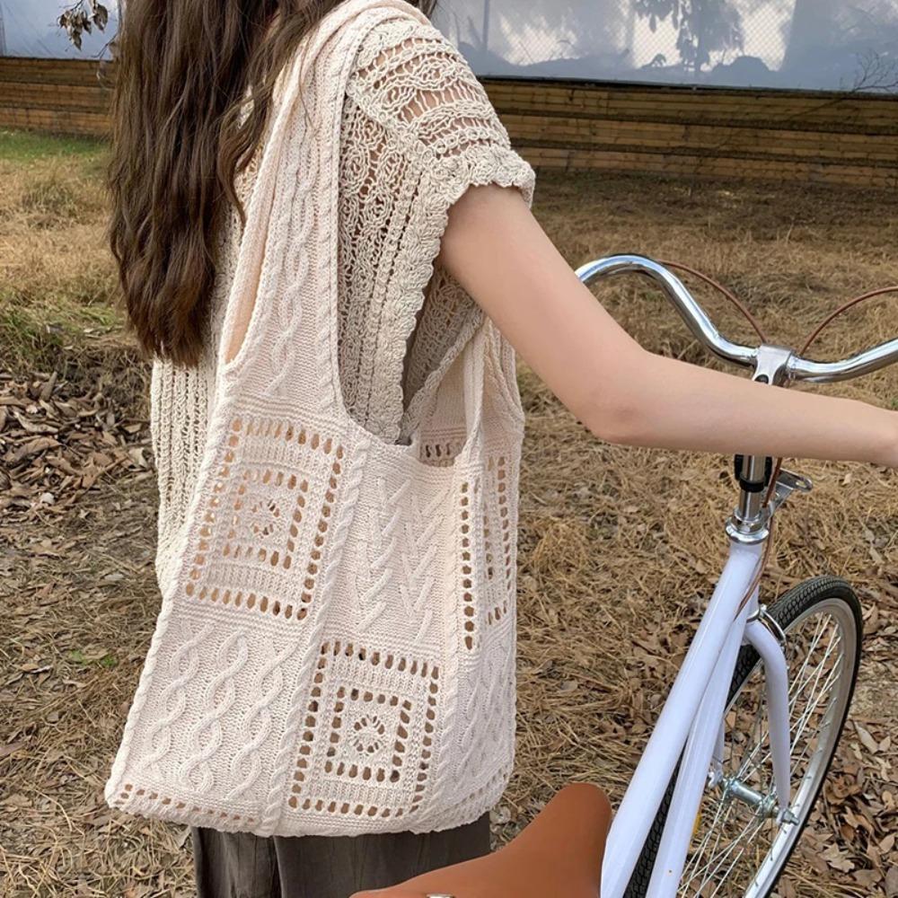 Knitted Woven Tote Bag Hollow Out Shopping Shoulder Bag Portable Summer Beach Bag  School
