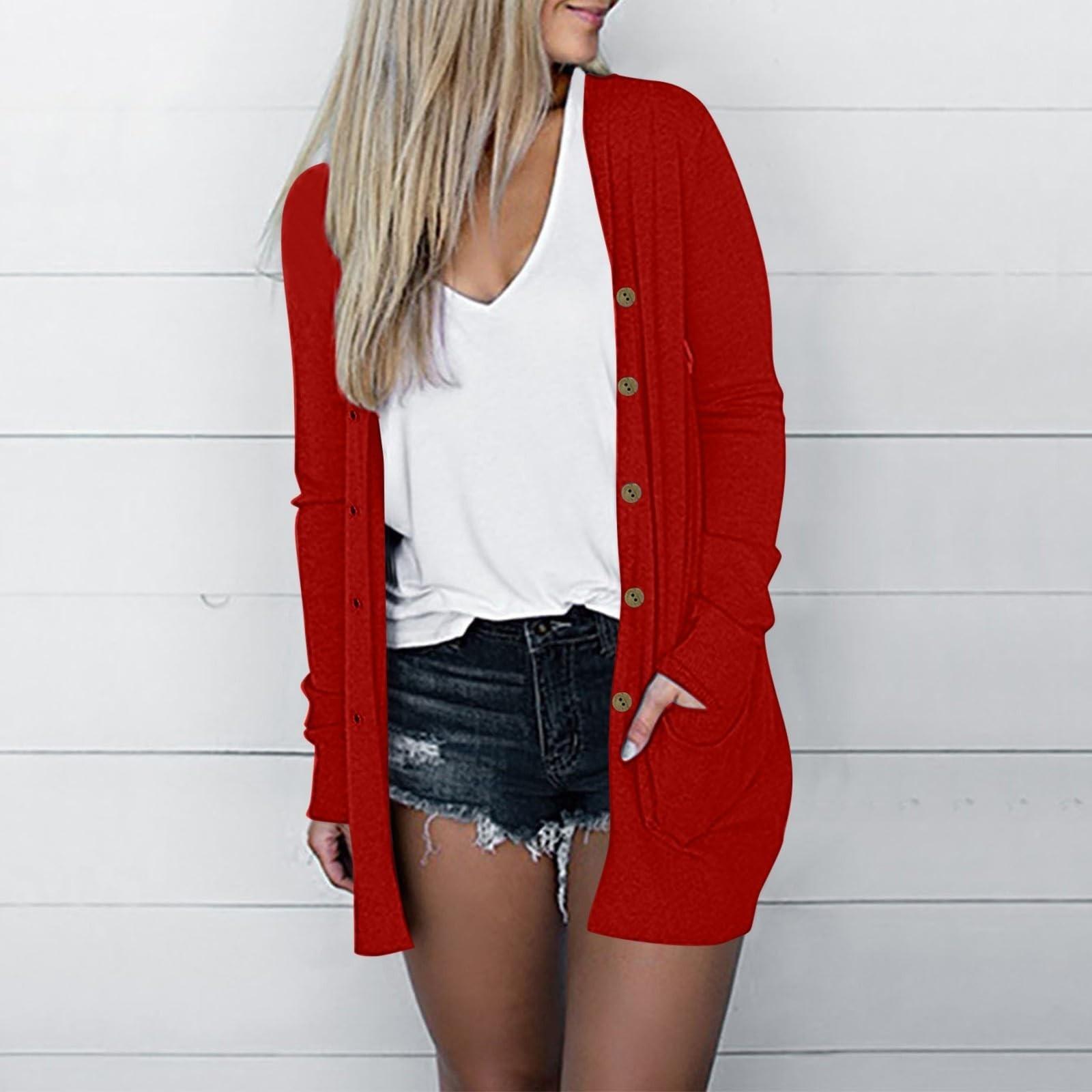 

Женская мода Свободный повседневный карманный однотонный кардиган с длинными рукавами на пуговицах Куртка Топы L красный