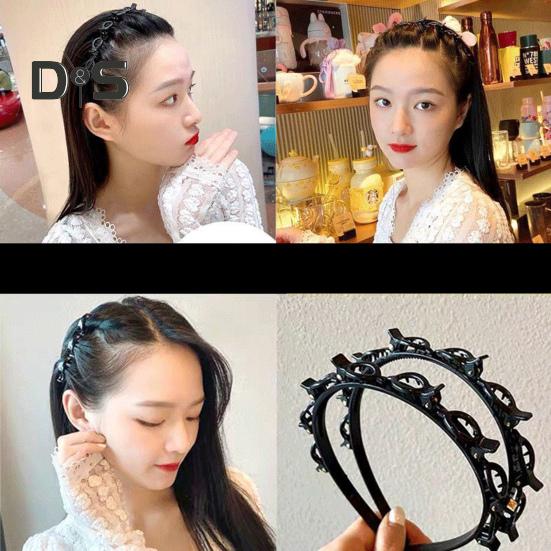 2Pcs Women Headband with Clips Double Layer Design Anti-slip Hairband Bang Braided Hair Hoop Hair Accessories
