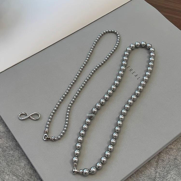 Shijia Pearl Double-Layered Necklace with Detachable 8-Shaped Buckle – Versatile Styles, Hemp Gray Chain.