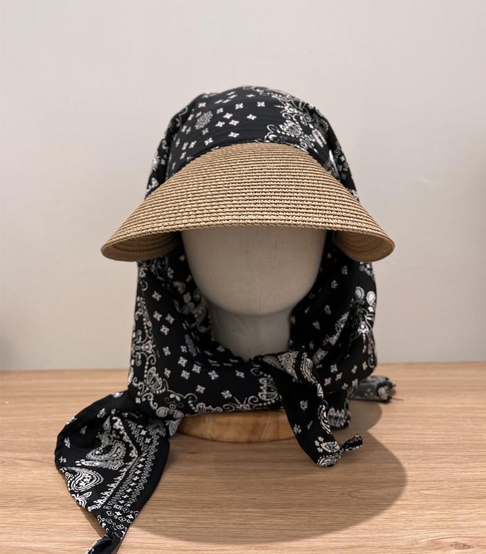Women's UV Protection Straw Hat with Integrated Headscarf & Neck Cover for Outdoor Cycling & Travel