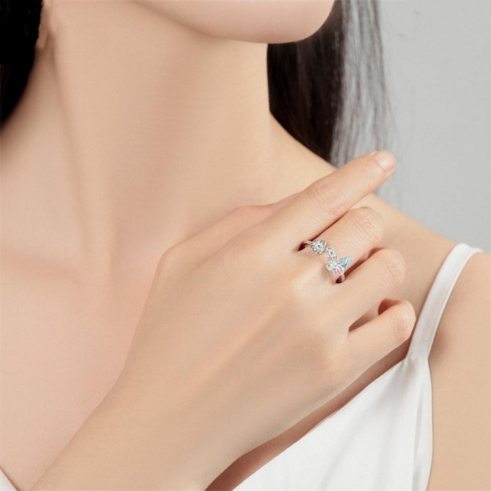 Female White Zircon Stone Rainbow Enamel Butterfly Flower Adjustable Open Ring Vintage Rose Gold Silver Color Jewelry For Women