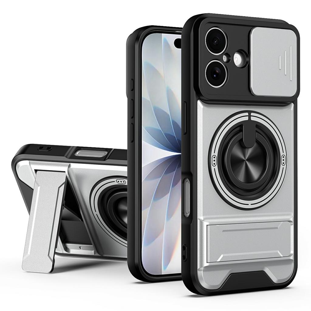 For iPhone 17 Case Compatible with MagSafe Ring Holder Foldable Kickstand TPU PC Phone Cover with Camera Lens Slider