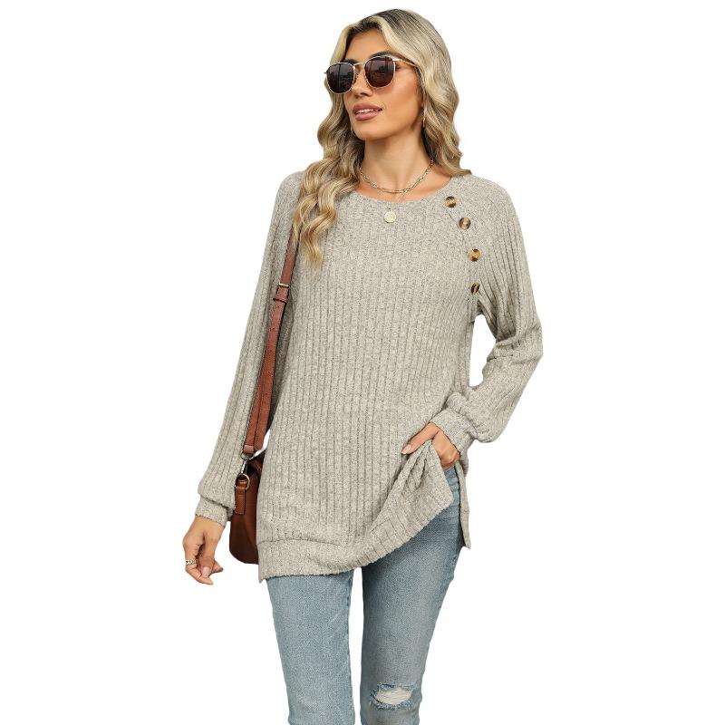 2025 Autumn and Winter New Round Neck Rattle Sleeve Solid Color T-shirt Slit Sweatshirt Top