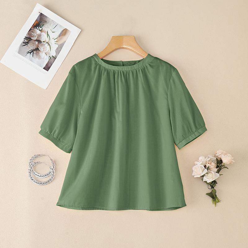 

ZANZEA Женская летняя блузка с круглым вырезом, свободного кроя, с короткими рукавами, однотонная 5XL зелёный