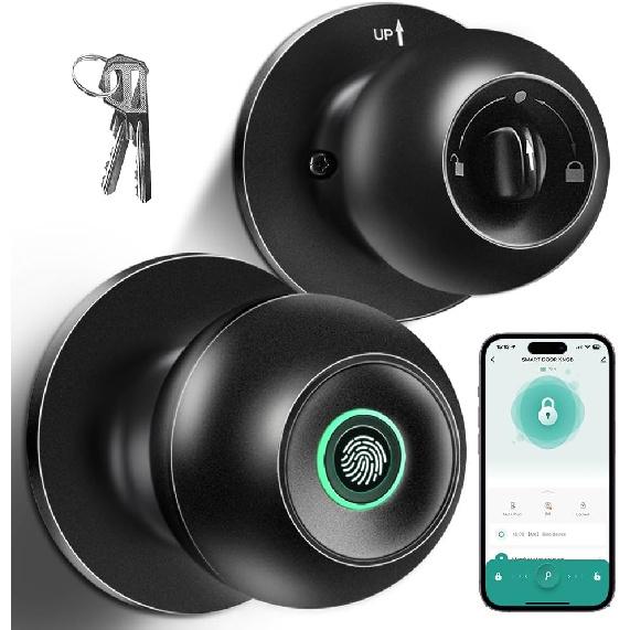 Fingerprint Door Lock, Smart Fingerprint Door Knob with Lock, Biometric Door knob with App Control & Key, Keyless Thumbprint Entry Door Lock for